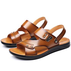 Men's Genuine Leather Wear-resisting Non-slip Breathable Slippers (Option: Khaki-38)